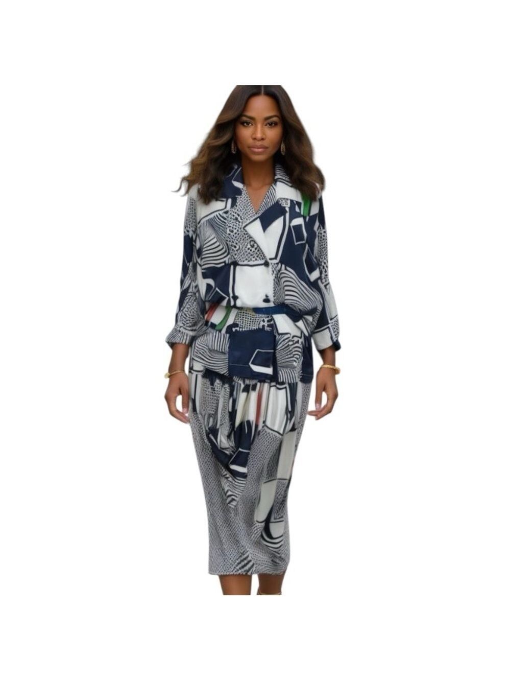 Vintage Leslie Belle blue white print blouse jacket skirt set 13/14